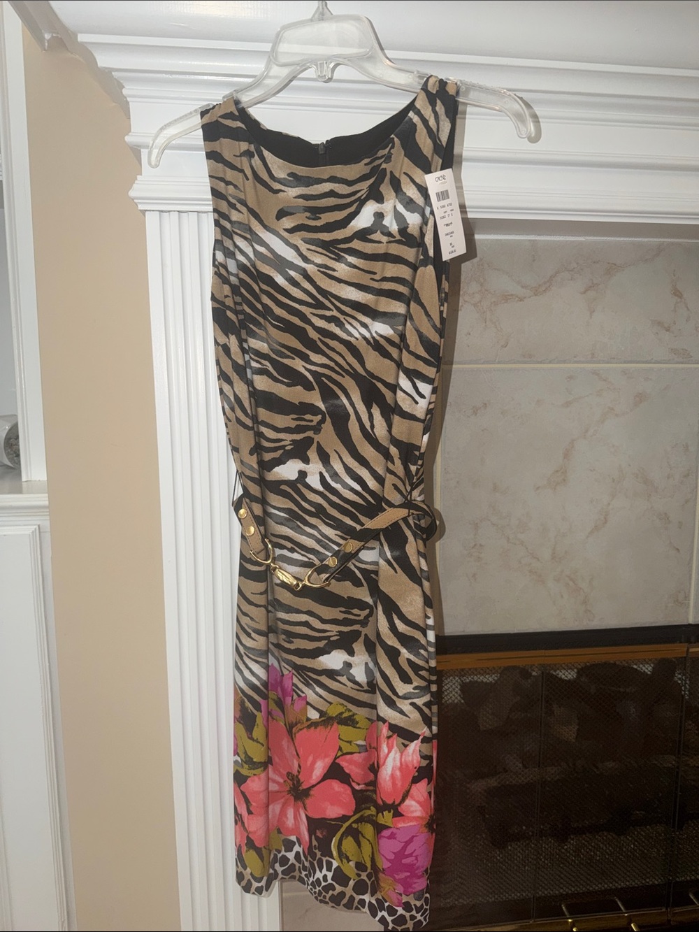 Cache Tan Black Zebra Print Dress with Pink Floral Border XS New with Tags.
